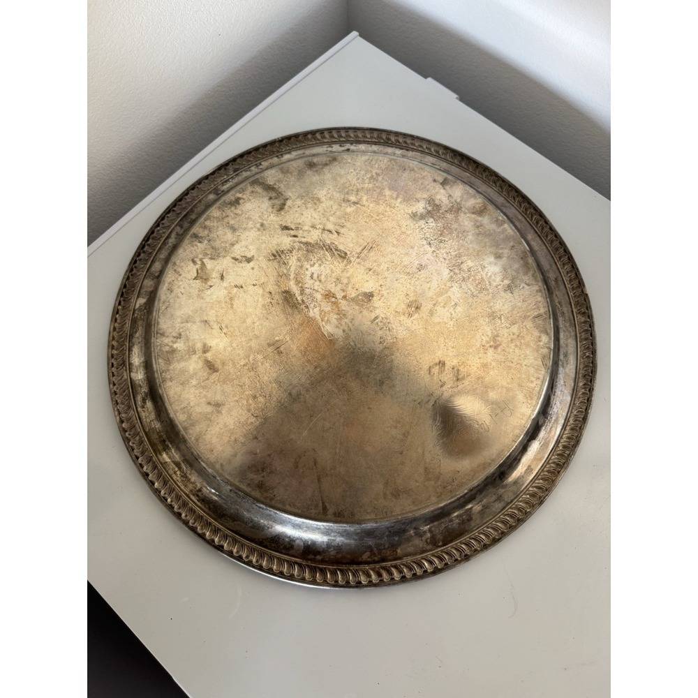 Vintage Sheridan Silver Plated 16" Round Serving Tray Platter Etched Rope Edge - Picture 5 of 10